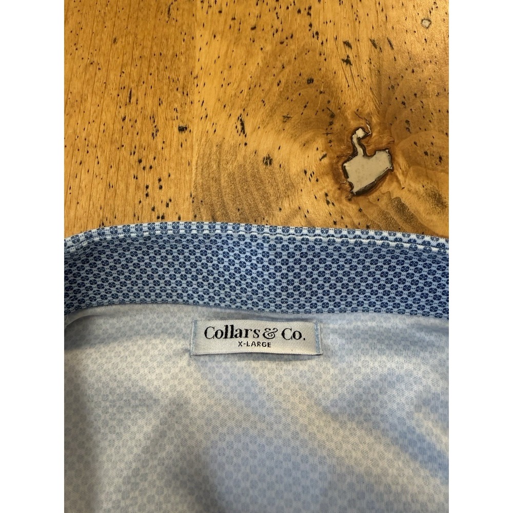 Collars & Co Dress Collar Polo Mens XL Performance Blue Geometric Print All Over - Picture 2 of 8